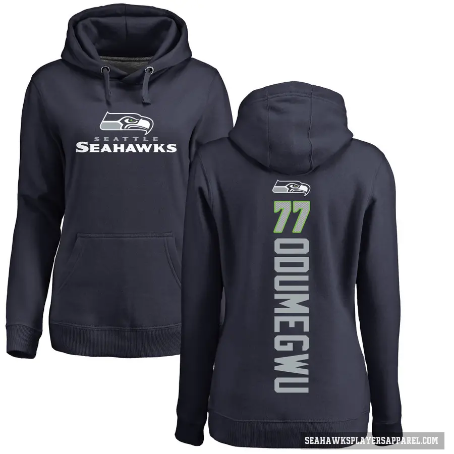 Women's ＃77 Kenneth Odumegwu Seattle Seahawks Navy Pro Line Backer Pullover Hoodie