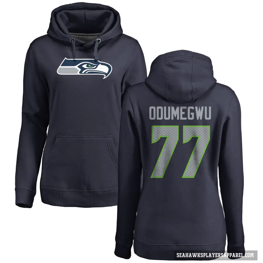 Women's ＃77 Kenneth Odumegwu Seattle Seahawks Navy Pro Line Logo Pullover Hoodie