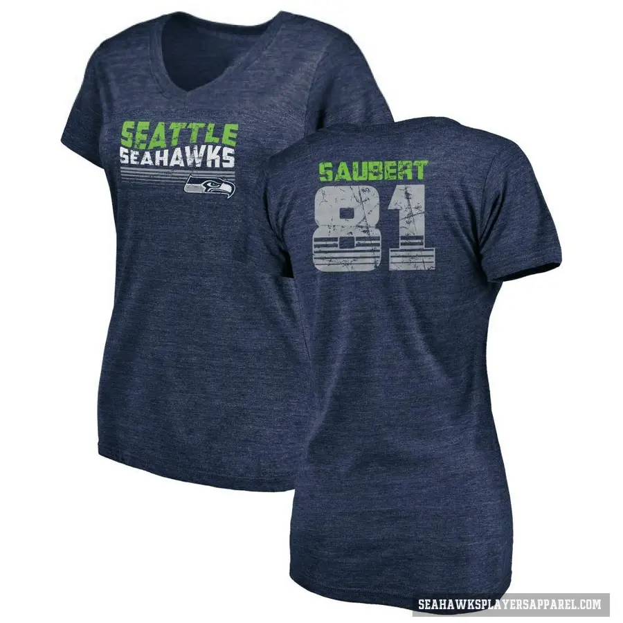 Women's ＃81 Eric Saubert Seattle Seahawks Navy Retro V-Neck T-Shirt College