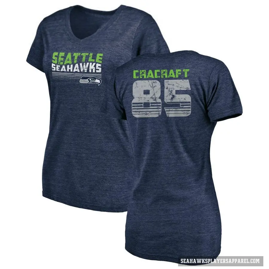 Women's ＃85 River Cracraft Seattle Seahawks Navy Retro V-Neck T-Shirt College