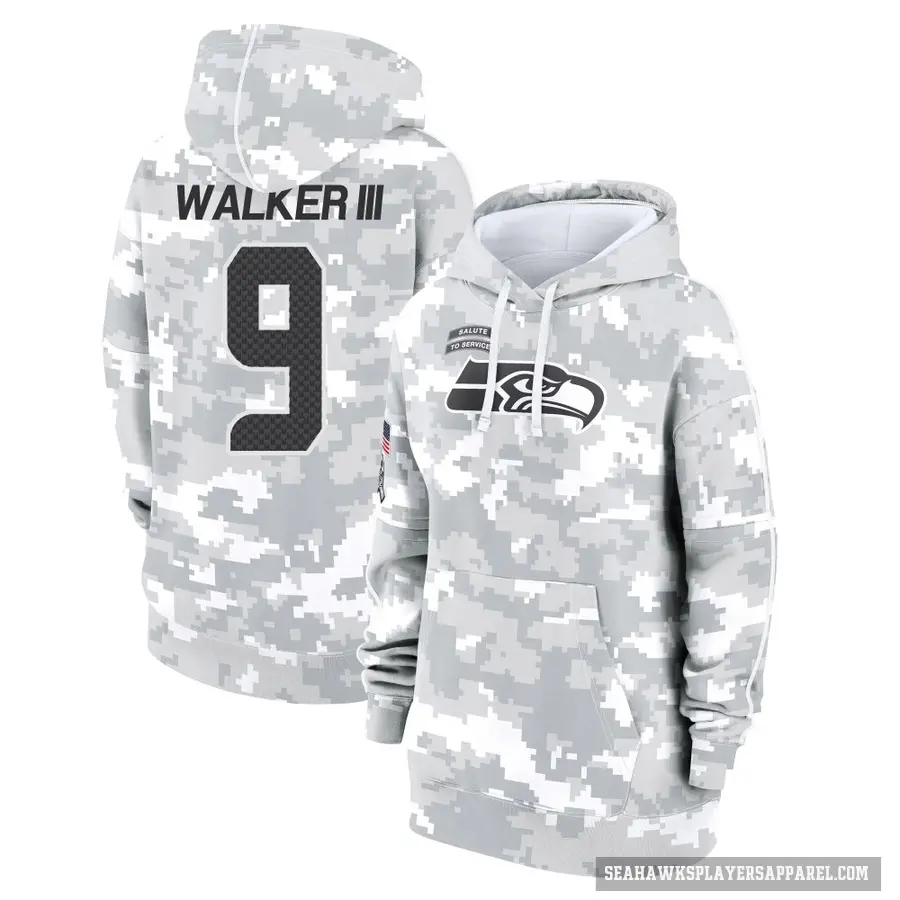 Women's ＃9 Kenneth Walker III Seattle Seahawks Arctic Camo 2024 Salute to Service Club Fleece Pullover Hoodie