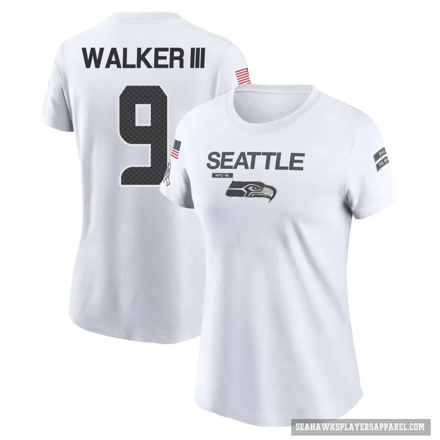 Women's ＃9 Kenneth Walker III Seattle Seahawks White 2024 Salute to Service Performance T-Shirt