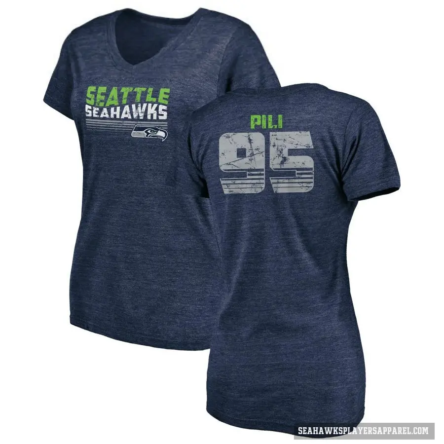 Women's ＃95 Brandon Pili Seattle Seahawks Navy Retro V-Neck T-Shirt College