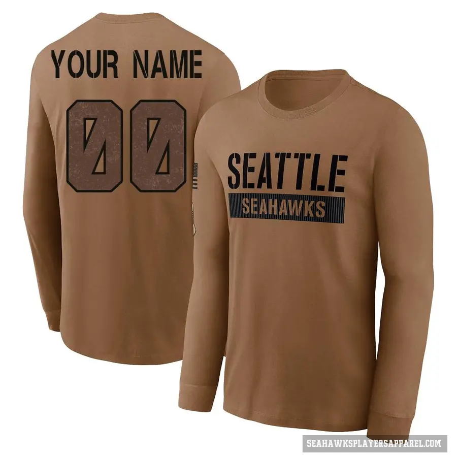 Youth ＃00 Custom Seattle Seahawks Brown 2023 Salute To Service Long Sleeve T-Shirt