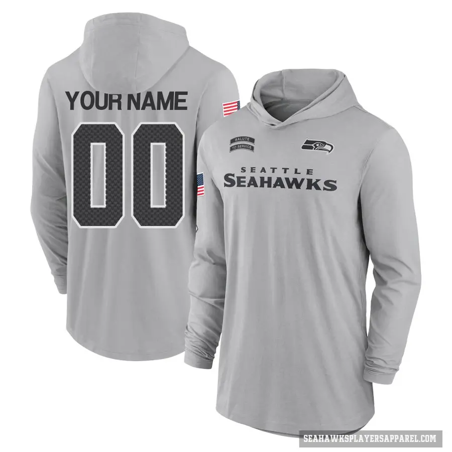 Youth ＃00 Custom Seattle Seahawks Gray 2024 Salute to Service Lightweight Performance Long Sleeve Hooded T-Shirt