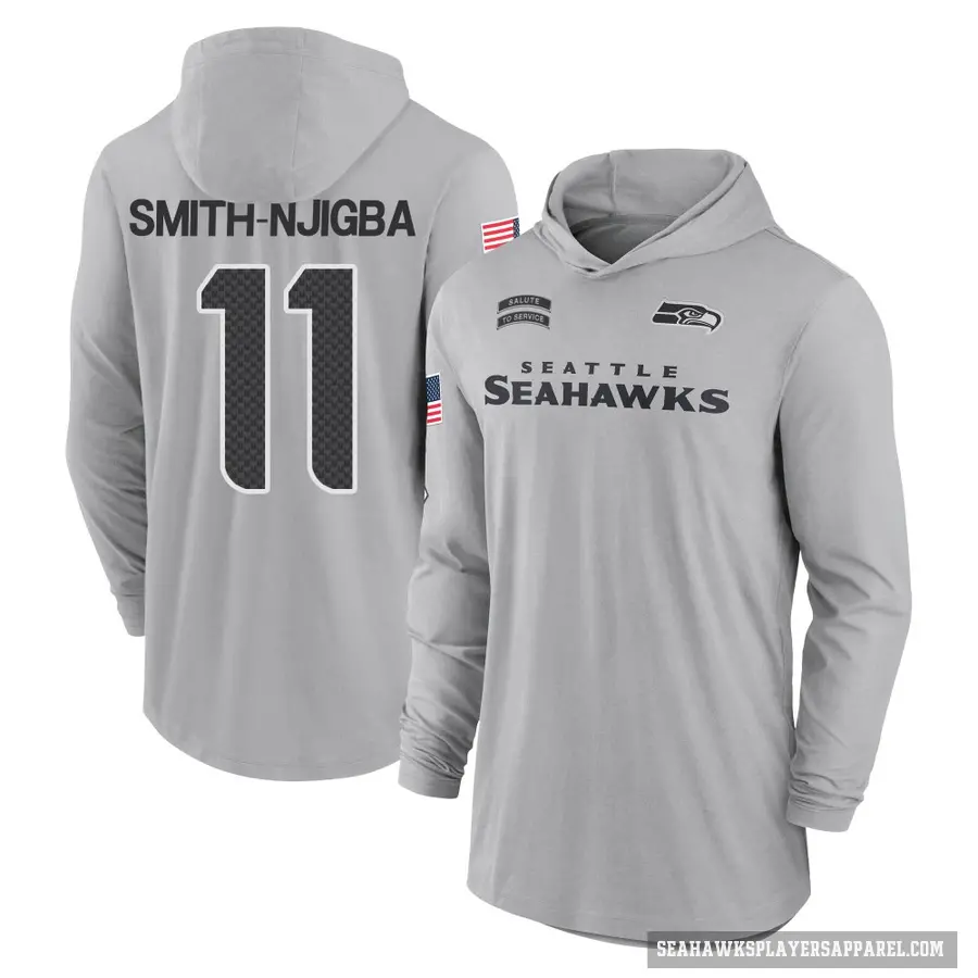 Youth ＃11 Jaxon Smith-Njigba Seattle Seahawks Gray 2024 Salute to Service Lightweight Performance Long Sleeve Hooded T-Shirt