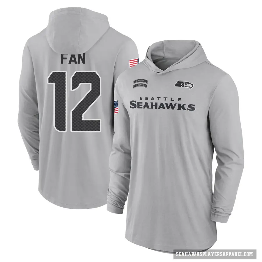 Youth ＃12 12th Fan Seattle Seahawks Gray 2024 Salute to Service Lightweight Performance Long Sleeve Hooded T-Shirt