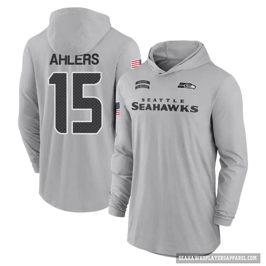 Youth ＃15 Holton Ahlers Seattle Seahawks Gray 2024 Salute to Service Lightweight Performance Long Sleeve Hooded T-Shirt