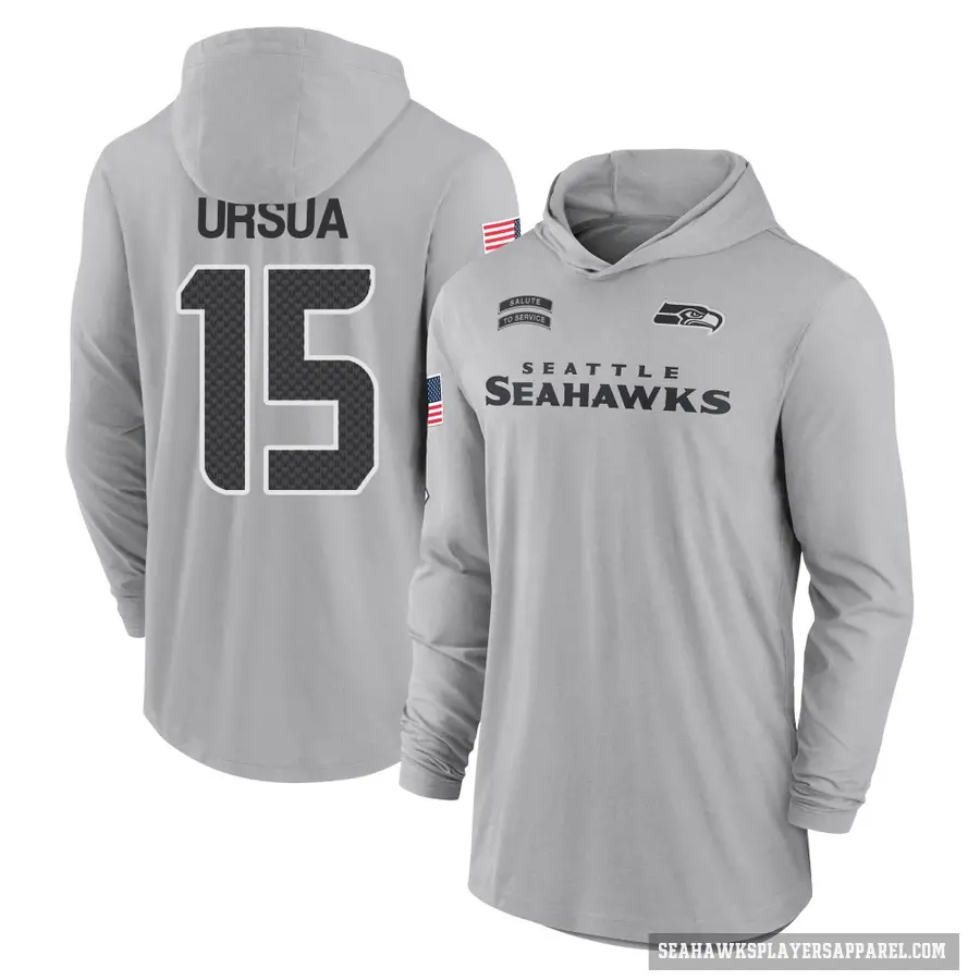 Youth ＃15 John Ursua Seattle Seahawks Gray 2024 Salute to Service Lightweight Performance Long Sleeve Hooded T-Shirt