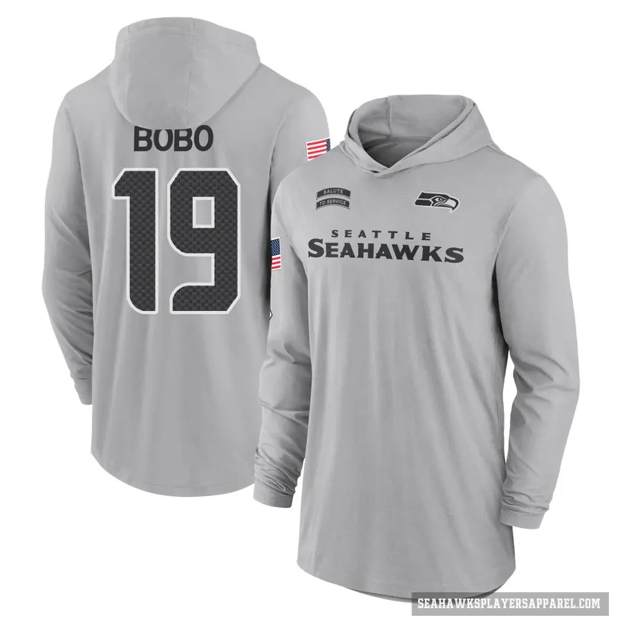 Youth ＃19 Jake Bobo Seattle Seahawks Gray 2024 Salute to Service Lightweight Performance Long Sleeve Hooded T-Shirt