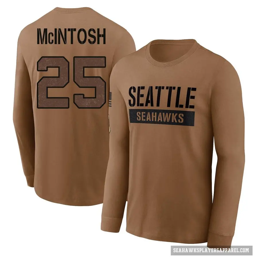 Youth ＃25 Kenny McIntosh Seattle Seahawks Brown 2023 Salute To Service Long Sleeve T-Shirt