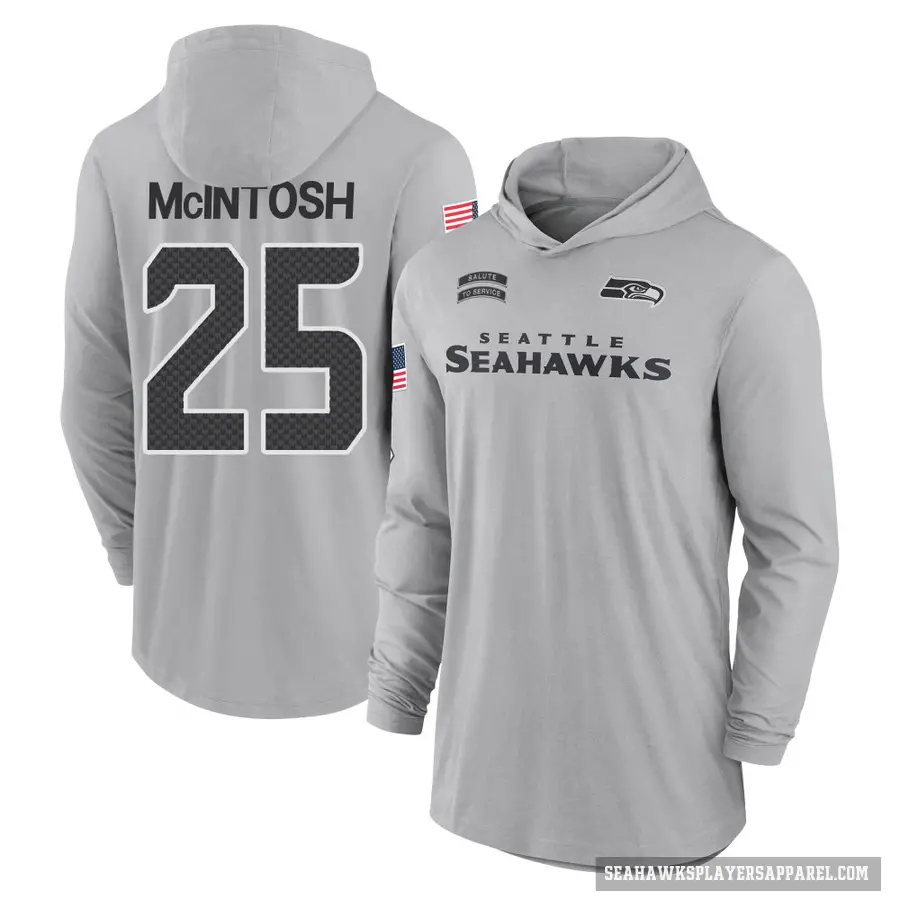 Youth ＃25 Kenny McIntosh Seattle Seahawks Gray 2024 Salute to Service Lightweight Performance Long Sleeve Hooded T-Shirt