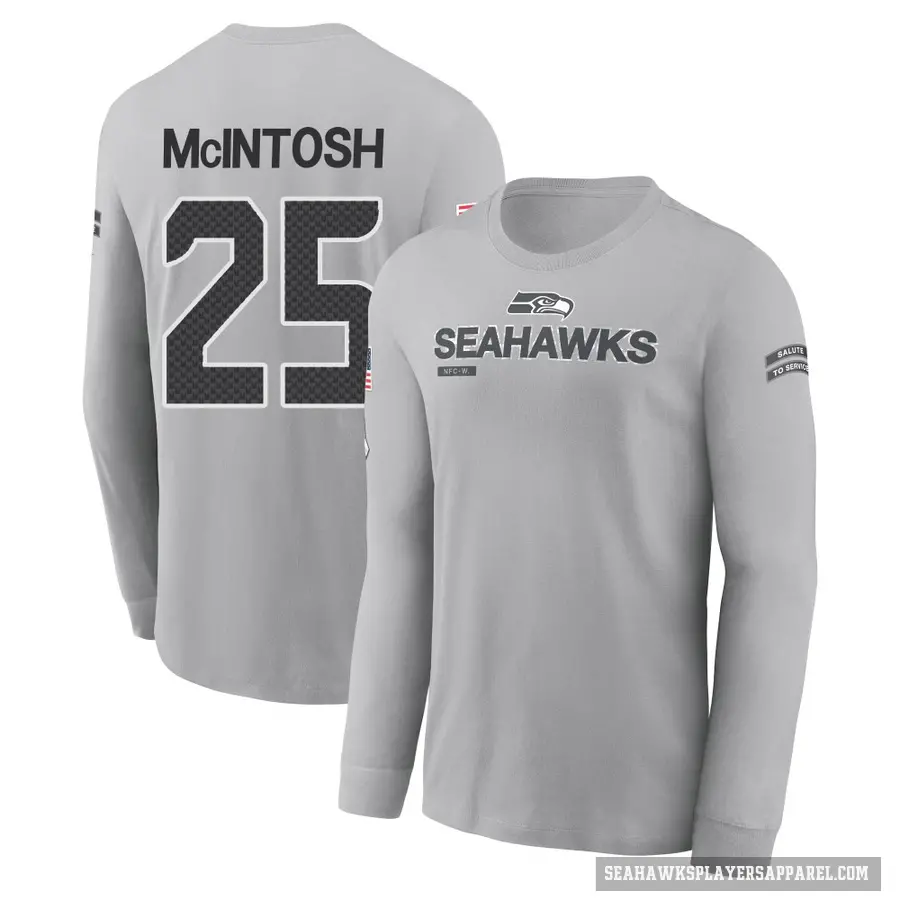 Youth ＃25 Kenny McIntosh Seattle Seahawks Gray 2024 Salute to Service Long Sleeve T-Shirt