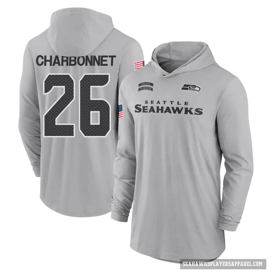 Youth ＃26 Zach Charbonnet Seattle Seahawks Gray 2024 Salute to Service Lightweight Performance Long Sleeve Hooded T-Shirt