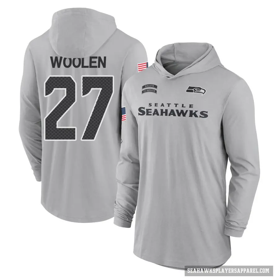 Youth ＃27 Riq Woolen Seattle Seahawks Gray 2024 Salute to Service Lightweight Performance Long Sleeve Hooded T-Shirt