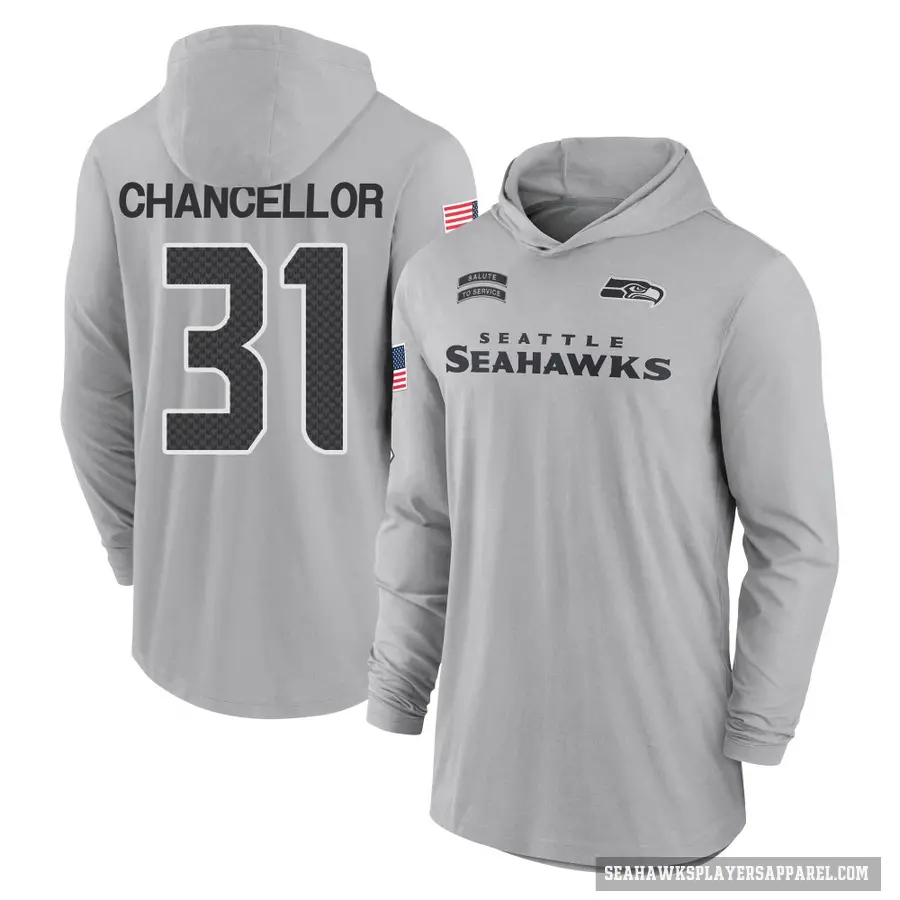 Youth ＃31 Kam Chancellor Seattle Seahawks Gray 2024 Salute to Service Lightweight Performance Long Sleeve Hooded T-Shirt