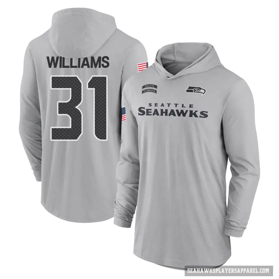 Youth ＃31 TaMerik Williams Seattle Seahawks Gray 2024 Salute to Service Lightweight Performance Long Sleeve Hooded T-Shirt