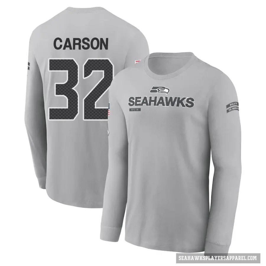 Youth ＃32 Chris Carson Seattle Seahawks Gray 2024 Salute to Service Long Sleeve T-Shirt