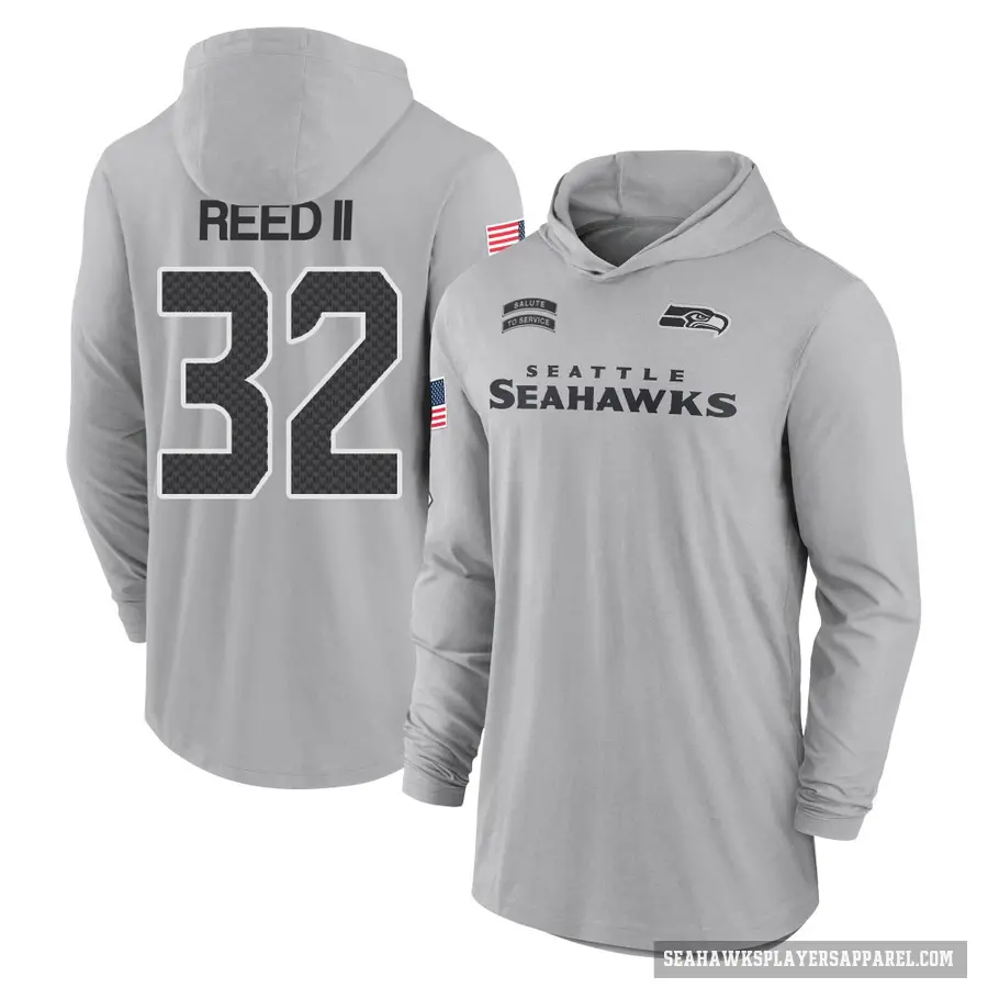 Youth ＃32 Jerrick Reed II Seattle Seahawks Gray 2024 Salute to Service Lightweight Performance Long Sleeve Hooded T-Shirt