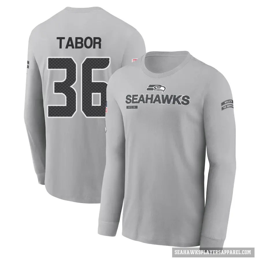 Youth ＃36 Teez Tabor Seattle Seahawks Gray 2024 Salute to Service Long Sleeve T-Shirt