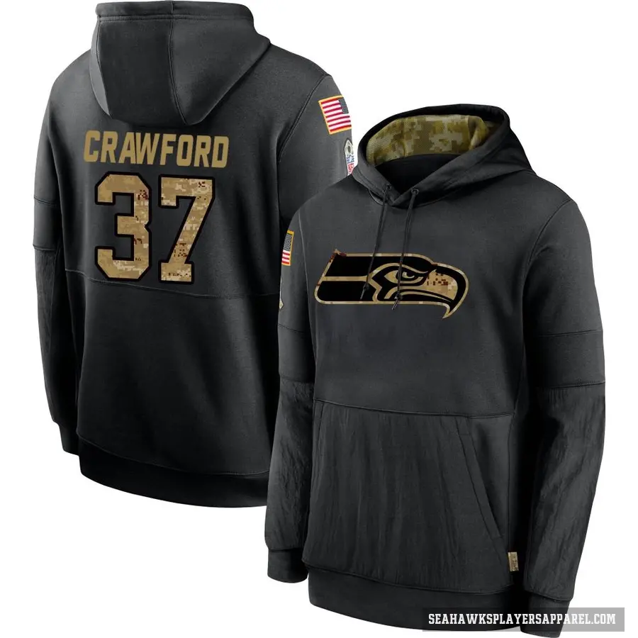 Youth ＃37 Xavier Crawford Seattle Seahawks Black 2020 Salute to Service Sideline Performance Pullover Hoodie