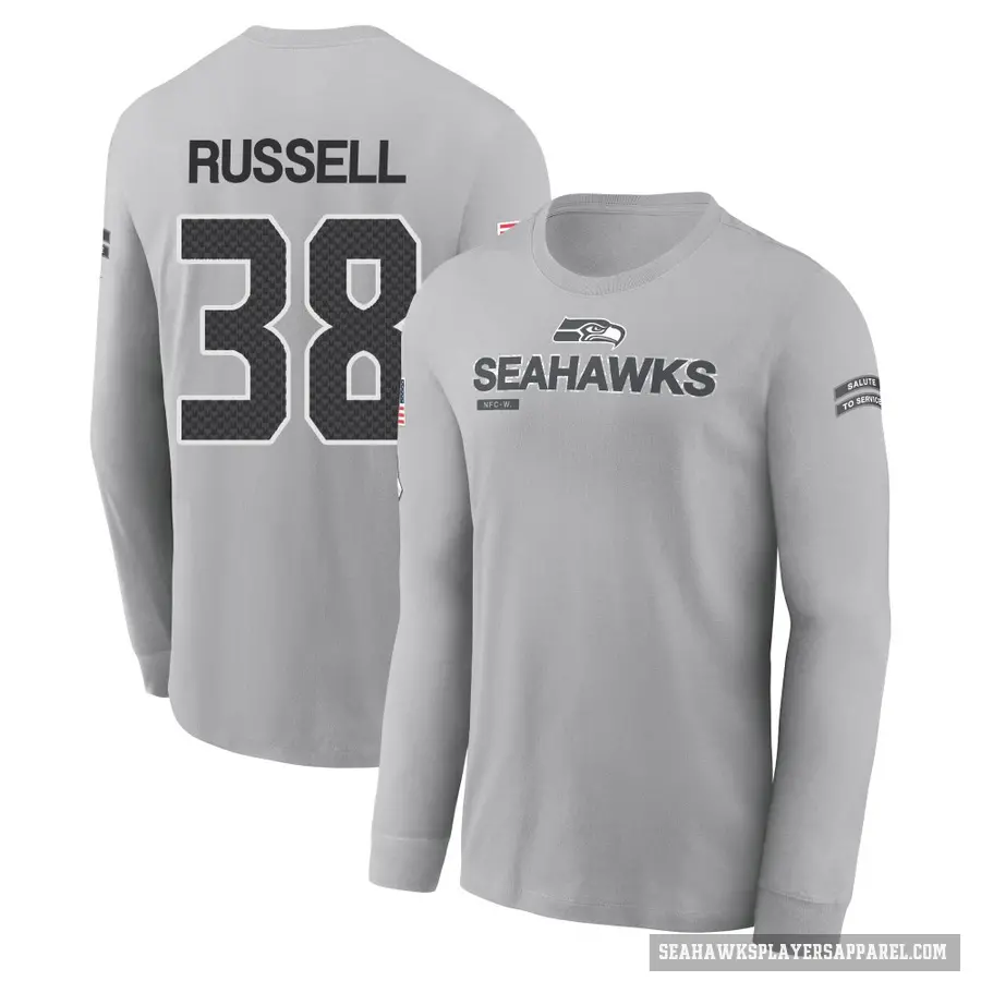 Youth ＃38 Brady Russell Seattle Seahawks Gray 2024 Salute to Service Long Sleeve T-Shirt