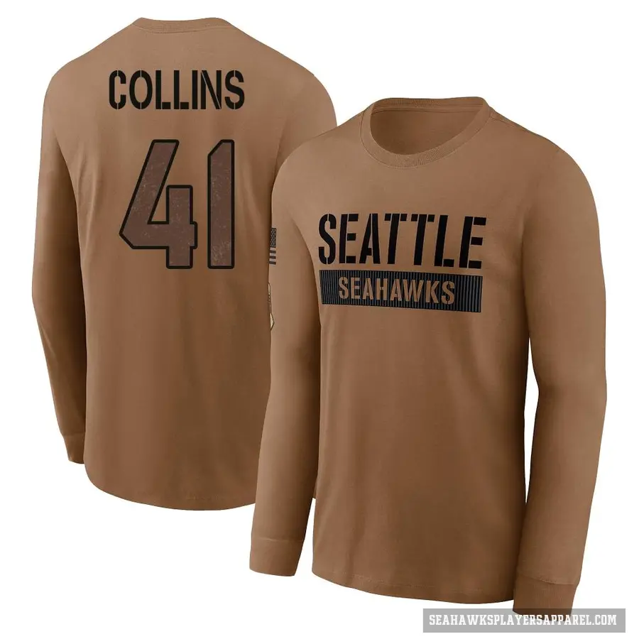 Youth ＃41 Alex Collins Seattle Seahawks Brown 2023 Salute To Service Long Sleeve T-Shirt