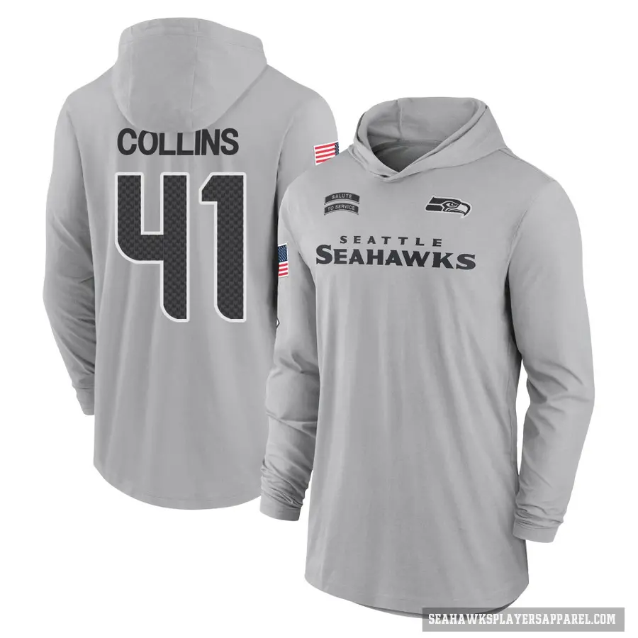 Youth ＃41 Alex Collins Seattle Seahawks Gray 2024 Salute to Service Lightweight Performance Long Sleeve Hooded T-Shirt