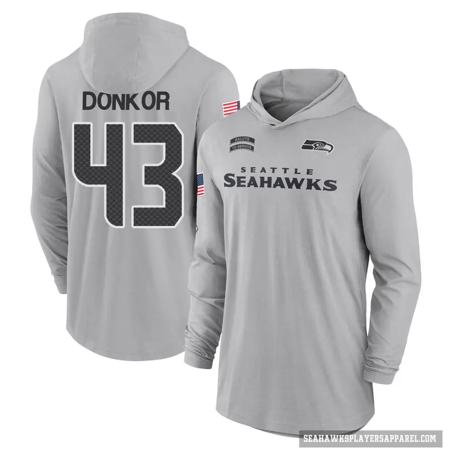 Youth ＃43 Aaron Donkor Seattle Seahawks Gray 2024 Salute to Service Lightweight Performance Long Sleeve Hooded T-Shirt