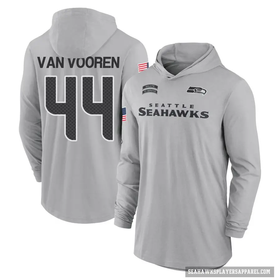 Youth ＃44 Mitch Van Vooren Seattle Seahawks Gray 2024 Salute to Service Lightweight Performance Long Sleeve Hooded T-Shirt