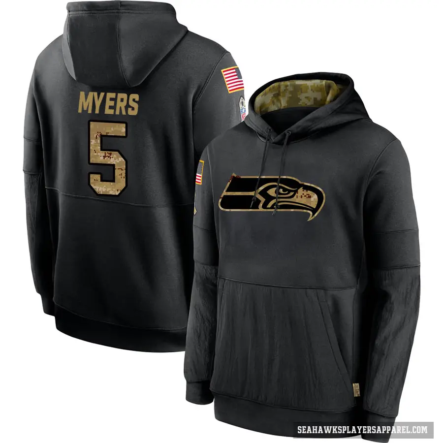 Youth ＃5 Jason Myers Seattle Seahawks Black 2020 Salute to Service Sideline Performance Pullover Hoodie