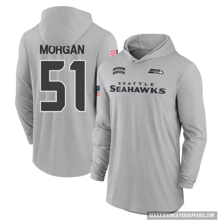 Youth ＃51 Mike Morgan Seattle Seahawks Gray 2024 Salute to Service Lightweight Performance Long Sleeve Hooded T-Shirt