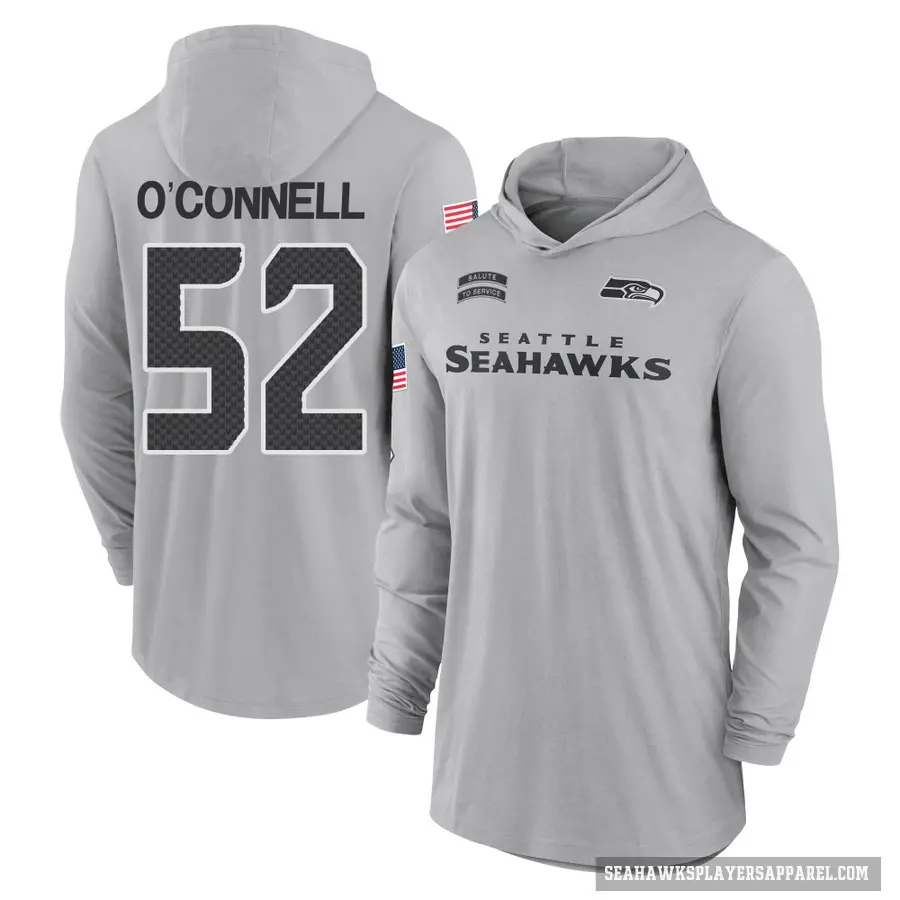 Youth ＃52 Patrick O'Connell Seattle Seahawks Gray 2024 Salute to Service Lightweight Performance Long Sleeve Hooded T-Shirt