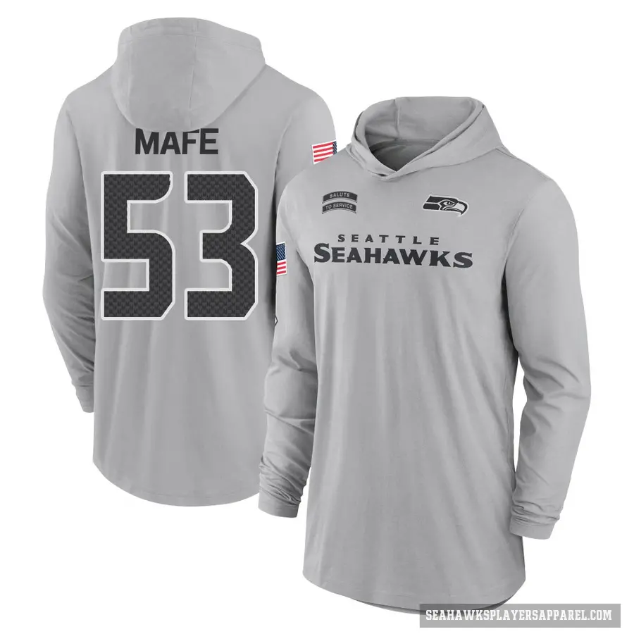 Youth ＃53 Boye Mafe Seattle Seahawks Gray 2024 Salute to Service Lightweight Performance Long Sleeve Hooded T-Shirt