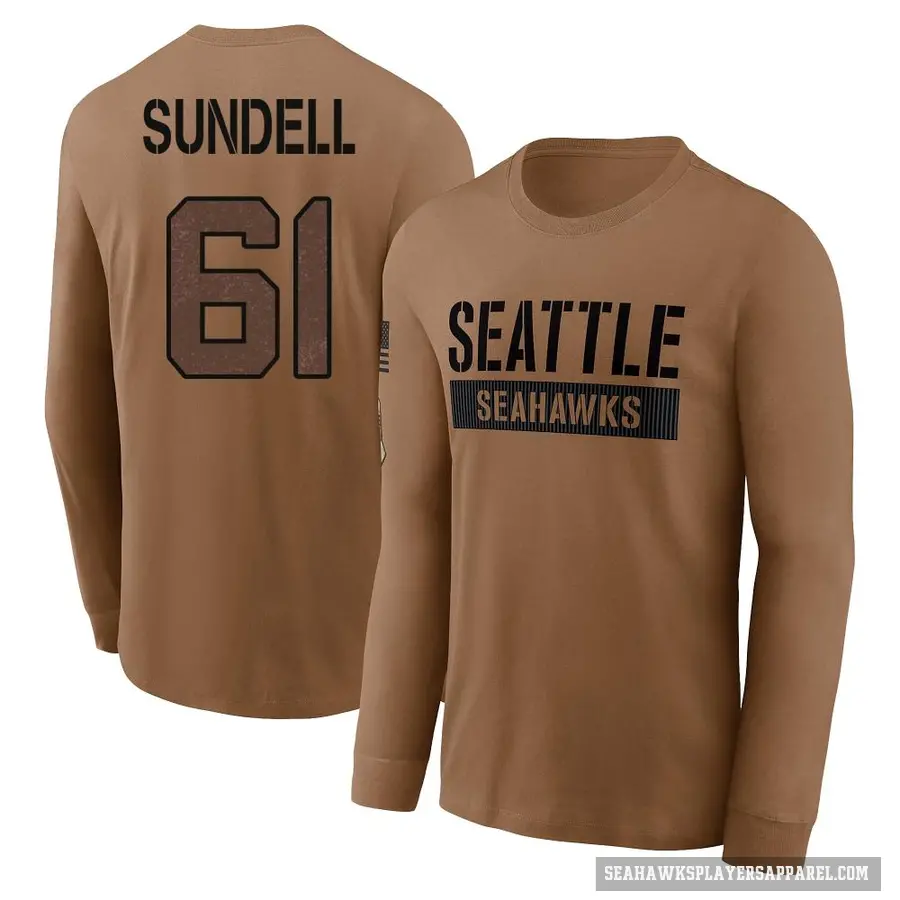 Youth ＃61 Jalen Sundell Seattle Seahawks Brown 2023 Salute To Service Long Sleeve T-Shirt