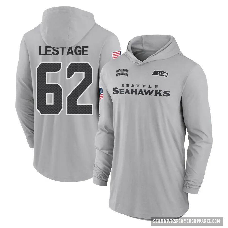 Youth ＃62 Pier-Olivier Lestage Seattle Seahawks Gray 2024 Salute to Service Lightweight Performance Long Sleeve Hooded T-Shirt