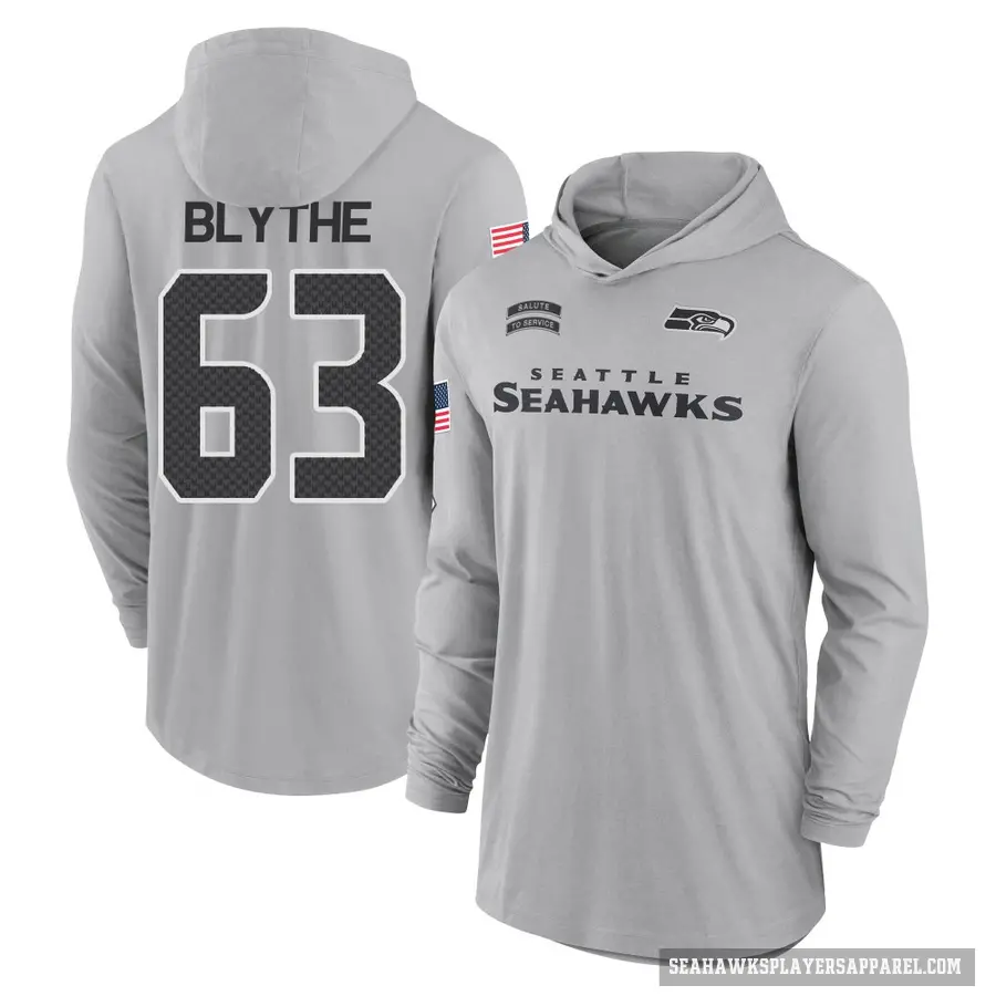 Youth ＃63 Austin Blythe Seattle Seahawks Gray 2024 Salute to Service Lightweight Performance Long Sleeve Hooded T-Shirt