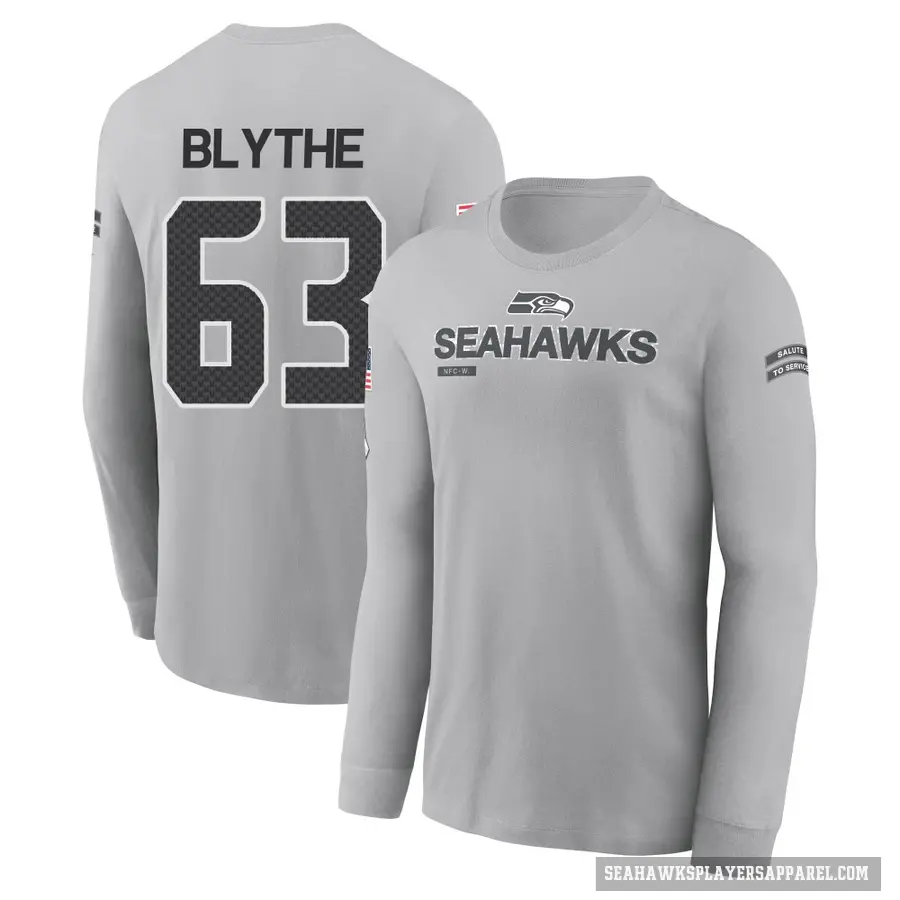 Youth ＃63 Austin Blythe Seattle Seahawks Gray 2024 Salute to Service Long Sleeve T-Shirt