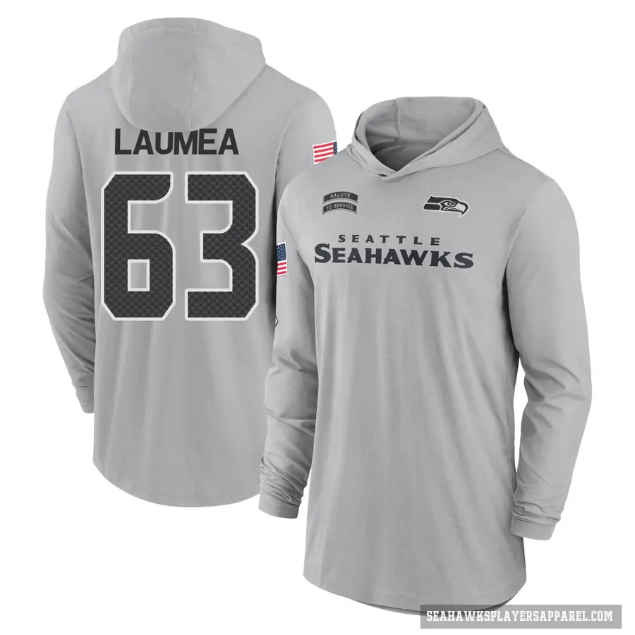 Youth ＃63 Sataoa Laumea Seattle Seahawks Gray 2024 Salute to Service Lightweight Performance Long Sleeve Hooded T-Shirt