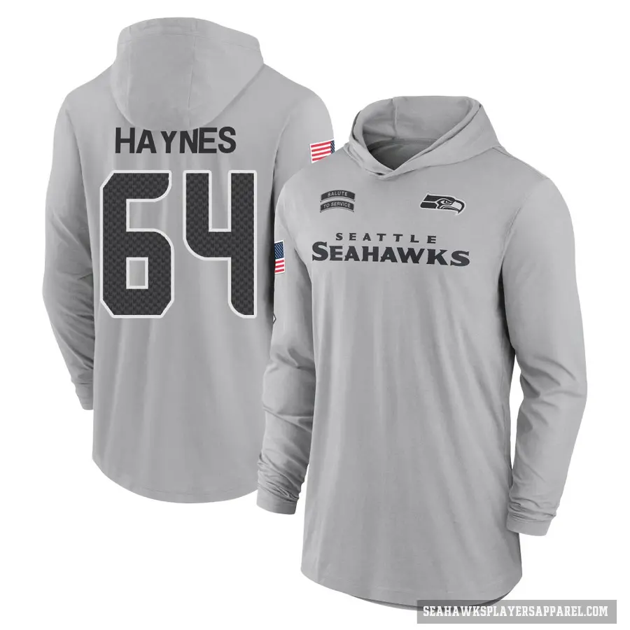 Youth ＃64 Christian Haynes Seattle Seahawks Gray 2024 Salute to Service Lightweight Performance Long Sleeve Hooded T-Shirt