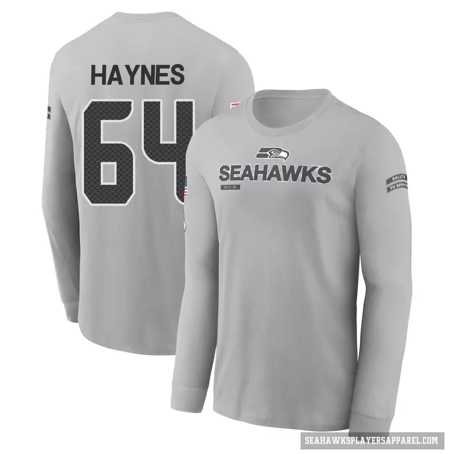 Youth ＃64 Christian Haynes Seattle Seahawks Gray 2024 Salute to Service Long Sleeve T-Shirt