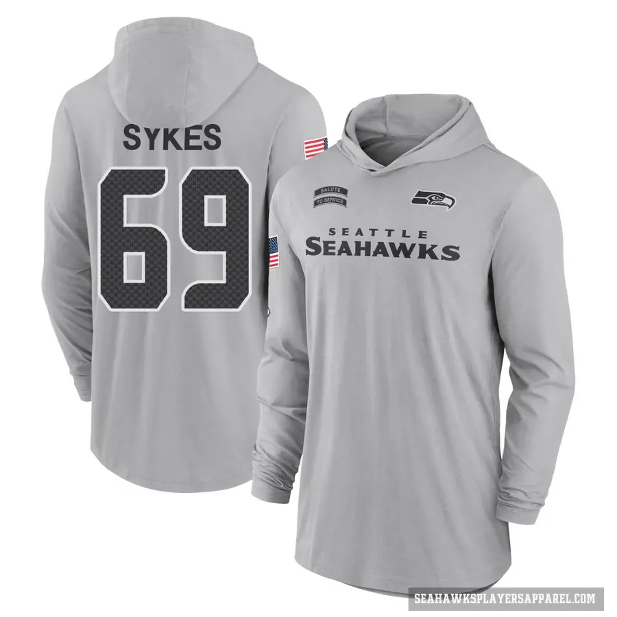 Youth ＃69 Jacob Sykes Seattle Seahawks Gray 2024 Salute to Service Lightweight Performance Long Sleeve Hooded T-Shirt