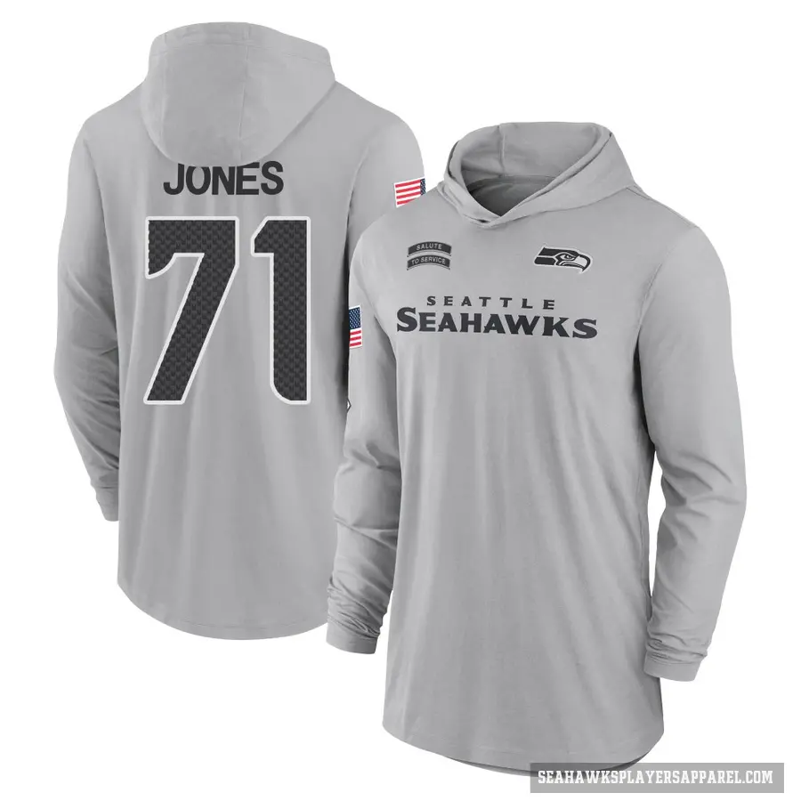 Youth ＃71 Walter Jones Seattle Seahawks Gray 2024 Salute to Service Lightweight Performance Long Sleeve Hooded T-Shirt
