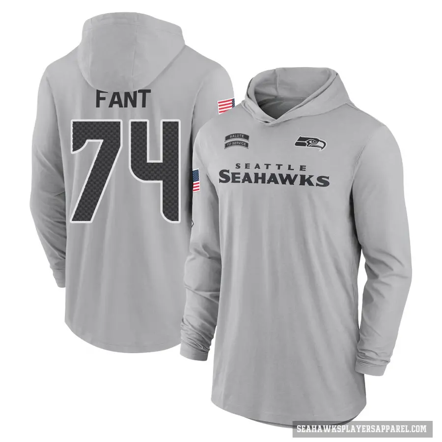 Youth ＃74 George Fant Seattle Seahawks Gray 2024 Salute to Service Lightweight Performance Long Sleeve Hooded T-Shirt