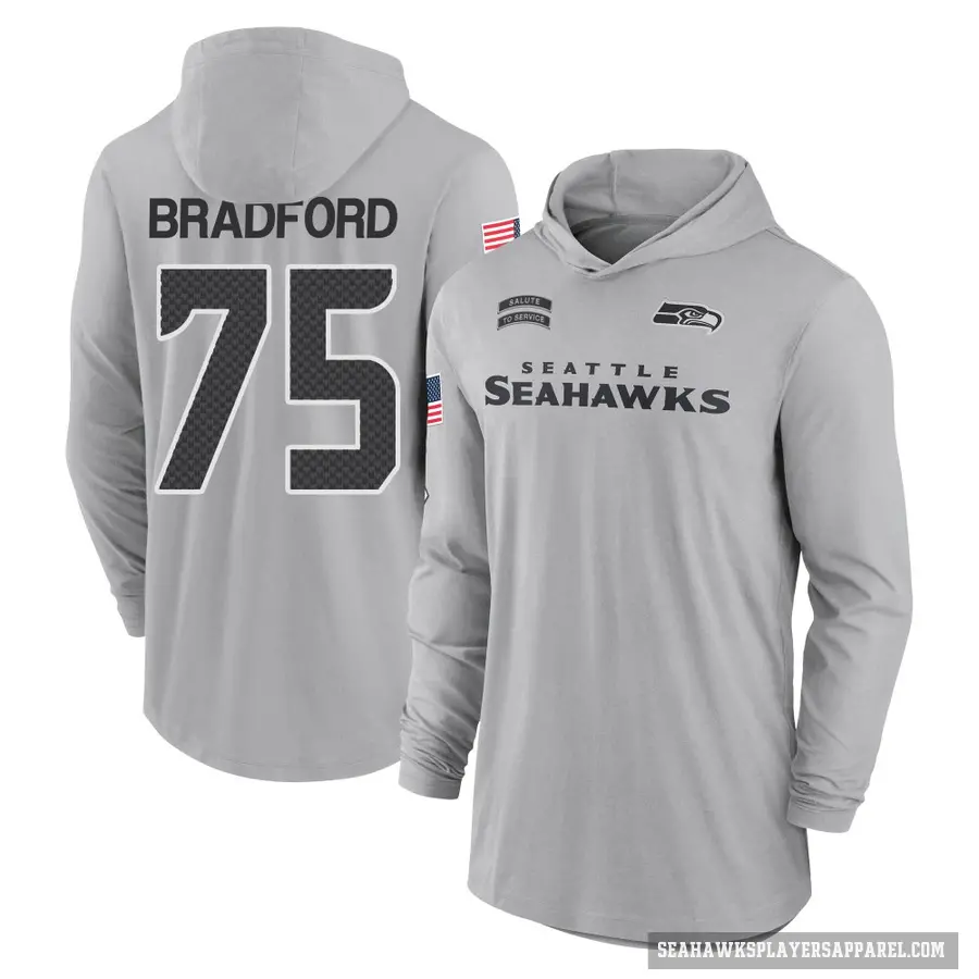 Youth ＃75 Anthony Bradford Seattle Seahawks Gray 2024 Salute to Service Lightweight Performance Long Sleeve Hooded T-Shirt