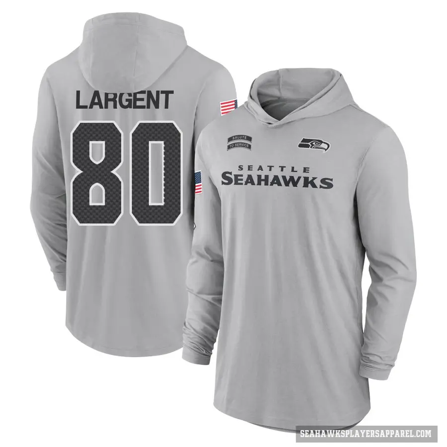Youth ＃80 Steve Largent Seattle Seahawks Gray 2024 Salute to Service Lightweight Performance Long Sleeve Hooded T-Shirt