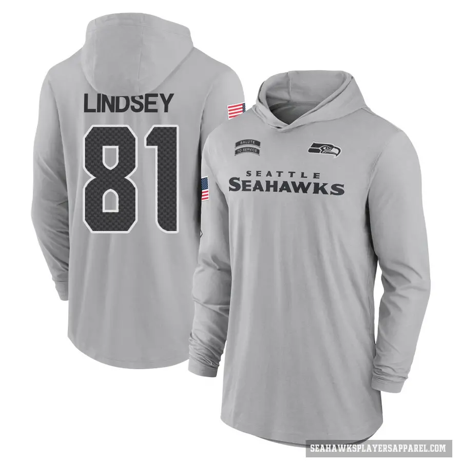Youth ＃81 Tyjon Lindsey Seattle Seahawks Gray 2024 Salute to Service Lightweight Performance Long Sleeve Hooded T-Shirt
