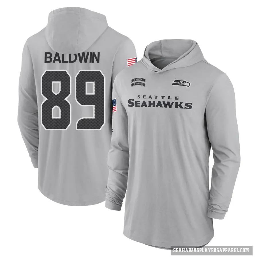 Youth ＃89 Doug Baldwin Seattle Seahawks Gray 2024 Salute to Service Lightweight Performance Long Sleeve Hooded T-Shirt