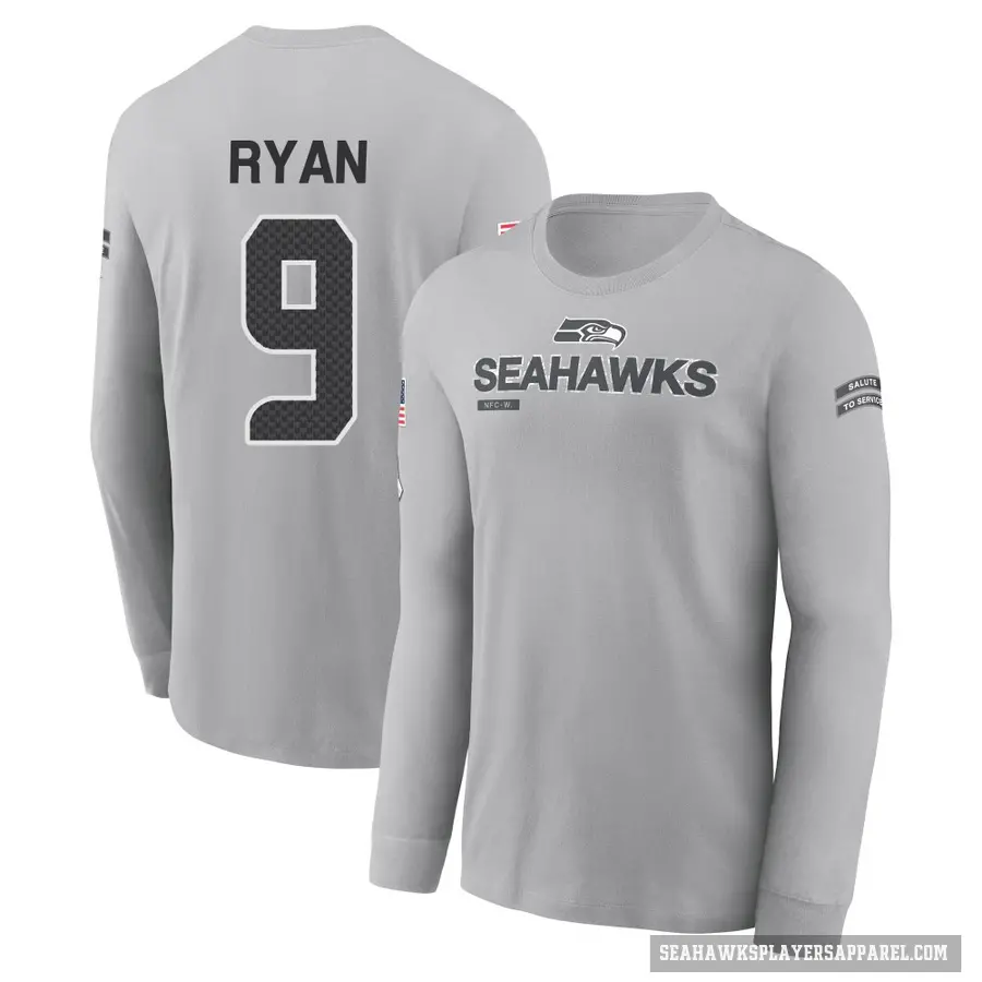 Youth ＃9 Jon Ryan Seattle Seahawks Gray 2024 Salute to Service Long Sleeve T-Shirt