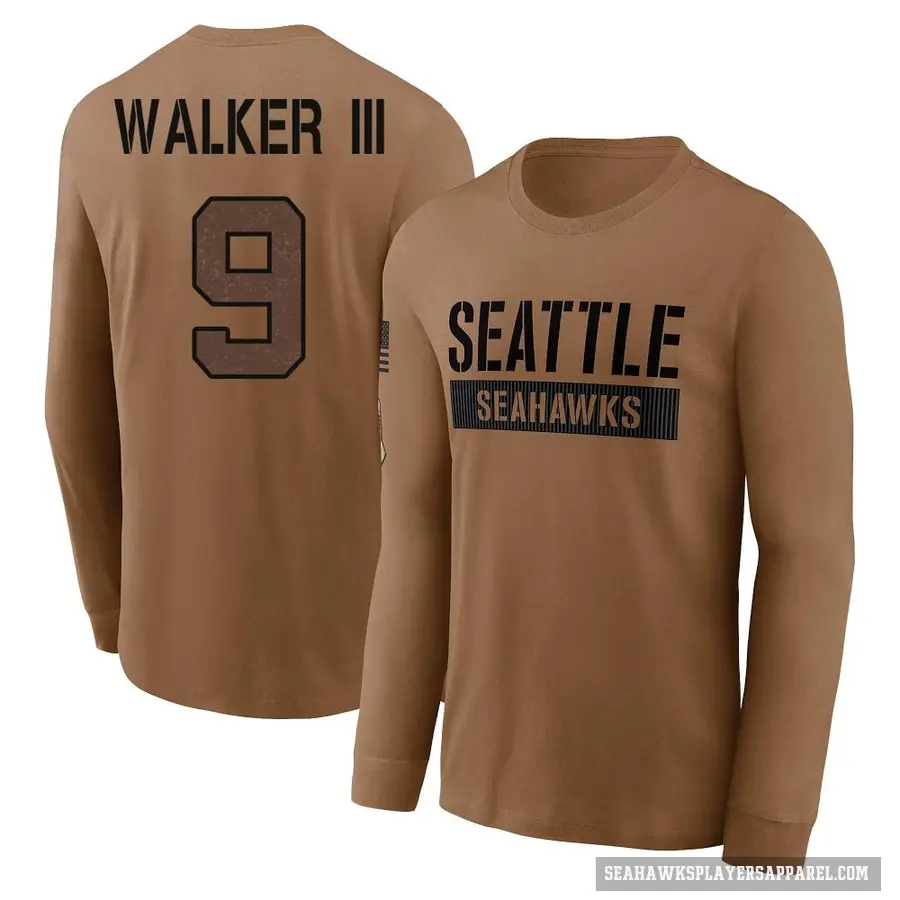 Youth ＃9 Kenneth Walker III Seattle Seahawks Brown 2023 Salute To Service Long Sleeve T-Shirt